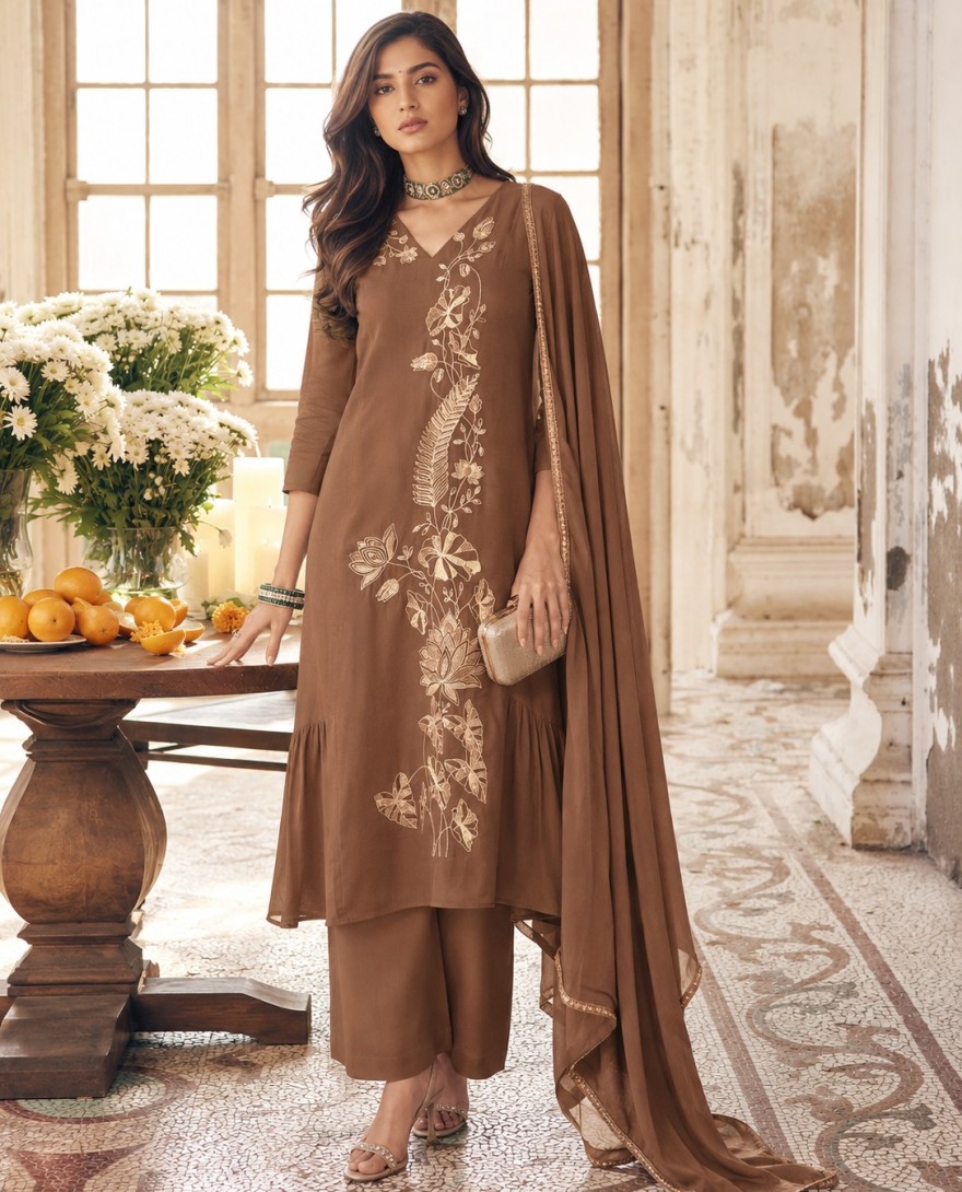 7113 - Sonorous Embroidered Chanderi Brown Salwar Kameez